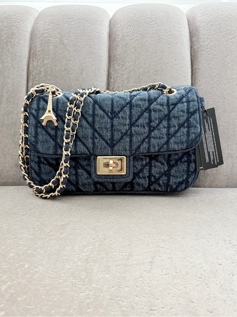 NWT Karl Lagerfeld Paris Agyness Quilted Denim Shoulder Bag